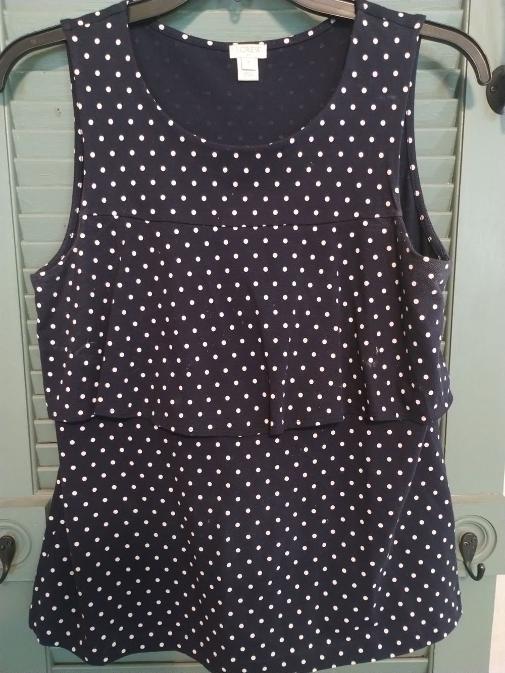 J. Crew Navy and White Polka Dot Ruffle Tank Medium